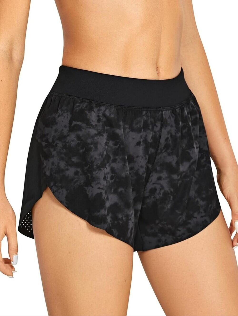 Crz Yoga Black Tie-Dye Women’s Running Shorts with High Waist